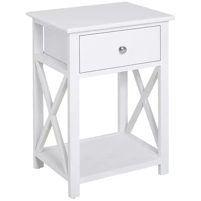 Side Table, Farmhouse End Table with Storage Drawer, Open Shelf and X-Frame, Bedside Table for Living Room