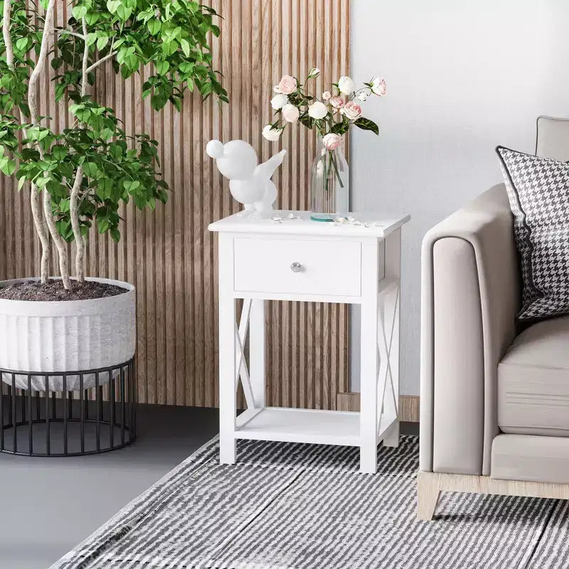 Side Table, Farmhouse End Table with Storage Drawer, Open Shelf and X-Frame, Bedside Table for Living Room
