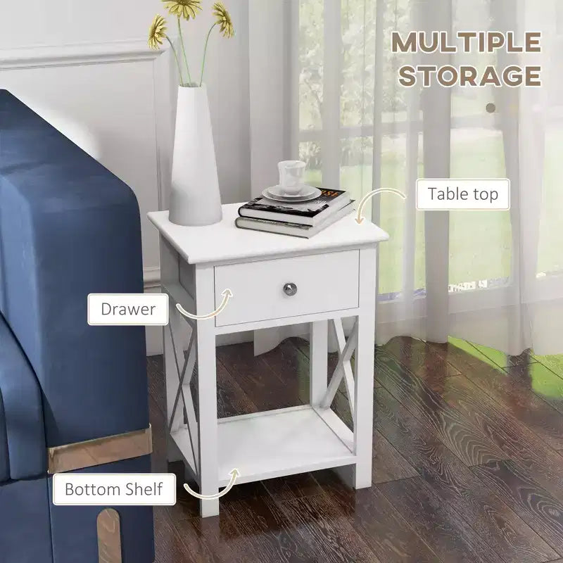 Side Table, Farmhouse End Table with Storage Drawer, Open Shelf and X-Frame, Bedside Table for Living Room