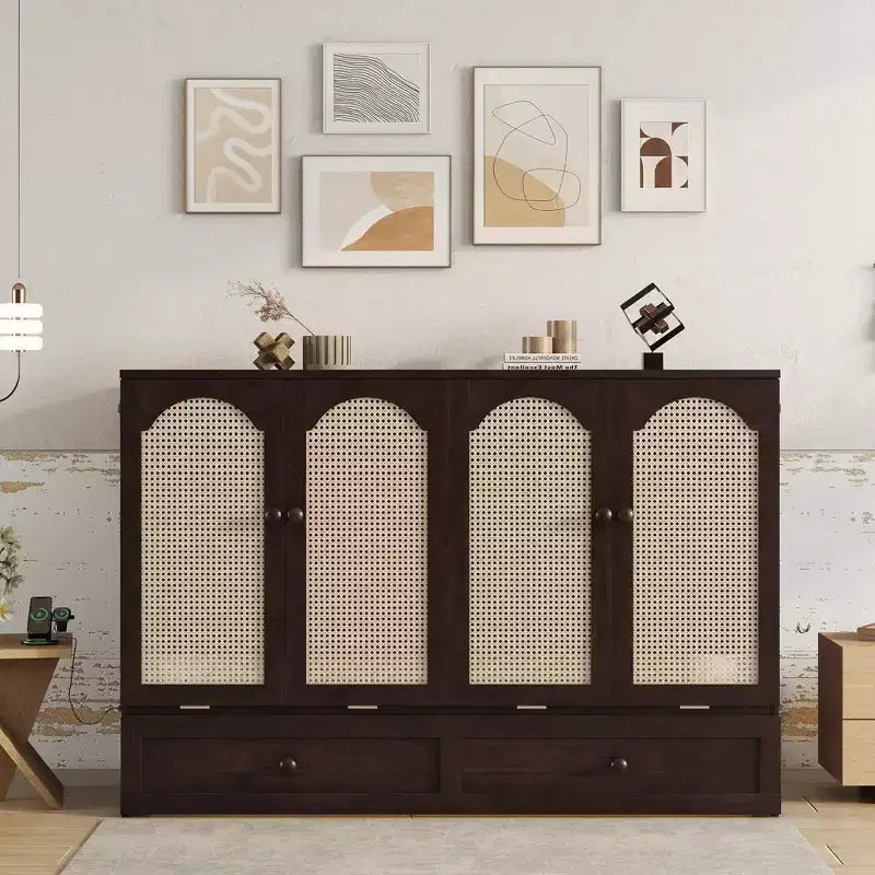 Lit escamotable grand lit Luxystar avec grand tiroir, station d'alimentation et panneau en rotin pour salon et petits appartements