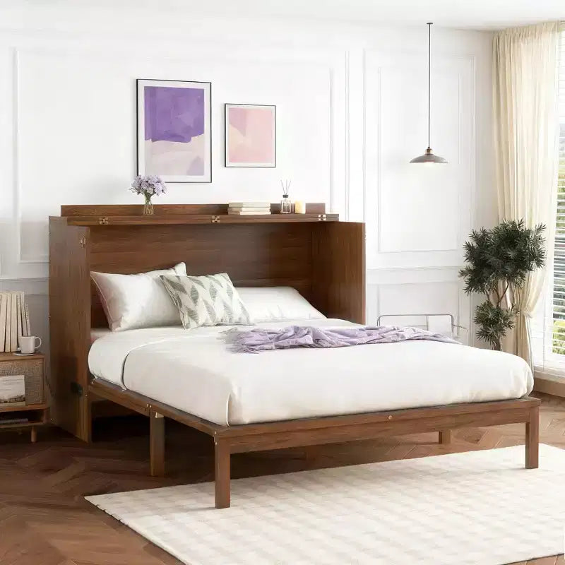 Lit escamotable grand lit Luxystar avec grand tiroir, station d'alimentation et panneau en rotin pour salon et petits appartements