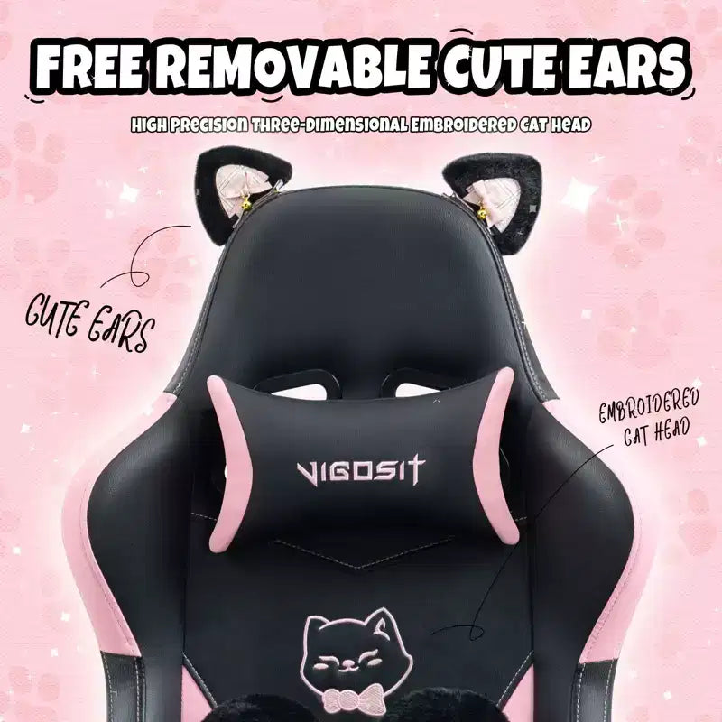 Chaise de jeu pivotante Okak Modern Cute Cat avec coussin lombaire patte, chaise d'ordinateur ergonomique haute pour adultes