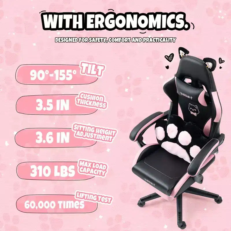 Chaise de jeu pivotante Okak Modern Cute Cat avec coussin lombaire patte, chaise d'ordinateur ergonomique haute pour adultes
