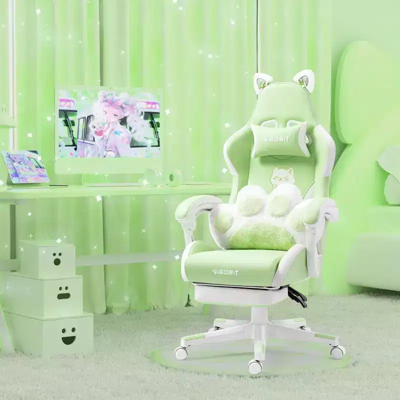 Chaise de jeu pivotante Okak Modern Cute Cat avec coussin lombaire patte, chaise d'ordinateur ergonomique haute pour adultes