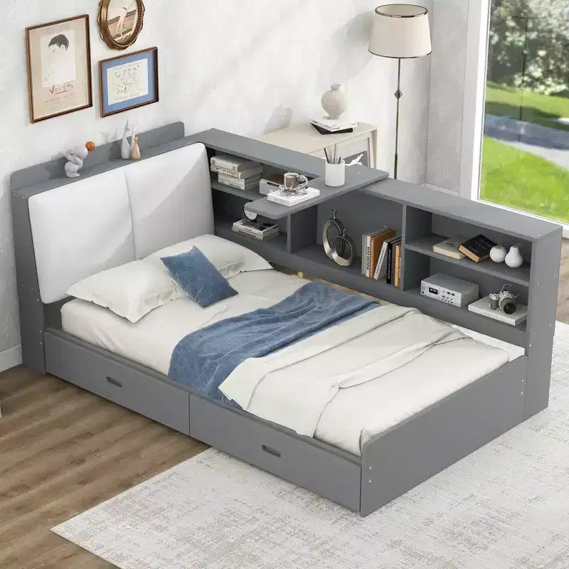 Bellemave Twin Platform Bed with Storage Headboard,Wood Platform Bed Frame with Shelves and 2 Drawers for Bedroom,Gray