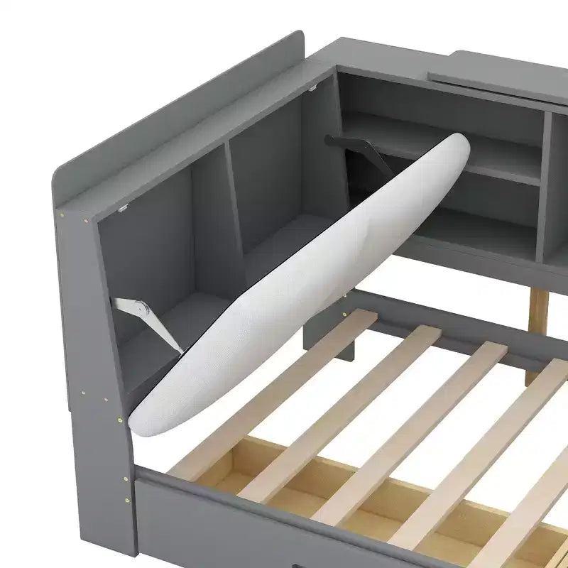 Lit Plateforme Jumeau Bellemave avec Tête de Lit Rangement, Cadre de Lit Plateforme en Bois avec Étagères et 2 Tiroirs pour Chambre, Gris