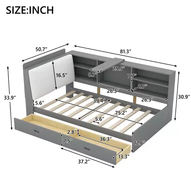 Lit Plateforme Jumeau Bellemave avec Tête de Lit Rangement, Cadre de Lit Plateforme en Bois avec Étagères et 2 Tiroirs pour Chambre, Gris
