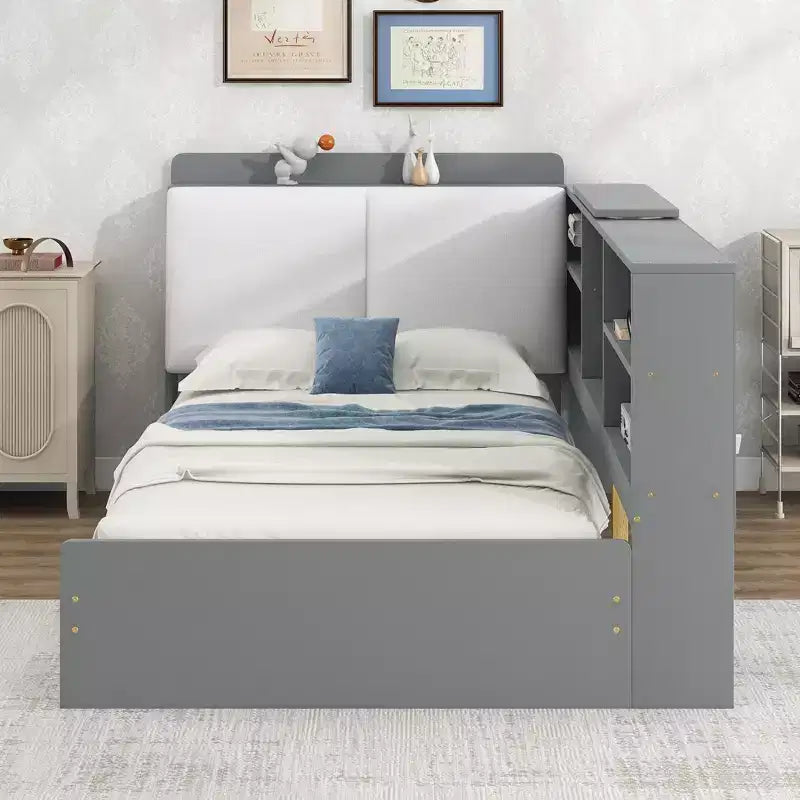 Lit Plateforme Jumeau Bellemave avec Tête de Lit Rangement, Cadre de Lit Plateforme en Bois avec Étagères et 2 Tiroirs pour Chambre, Gris
