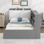 Lit Plateforme Jumeau Bellemave avec Tête de Lit Rangement, Cadre de Lit Plateforme en Bois avec Étagères et 2 Tiroirs pour Chambre, Gris