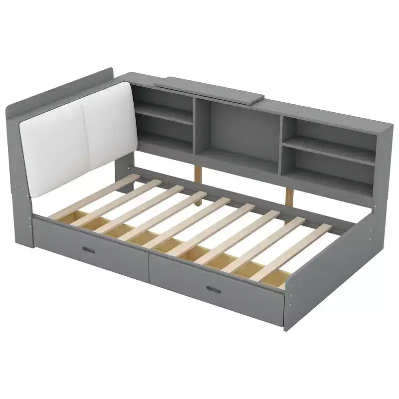 Lit Plateforme Jumeau Bellemave avec Tête de Lit Rangement, Cadre de Lit Plateforme en Bois avec Étagères et 2 Tiroirs pour Chambre, Gris
