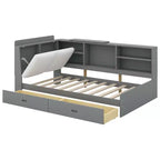 Lit Plateforme Jumeau Bellemave avec Tête de Lit Rangement, Cadre de Lit Plateforme en Bois avec Étagères et 2 Tiroirs pour Chambre, Gris