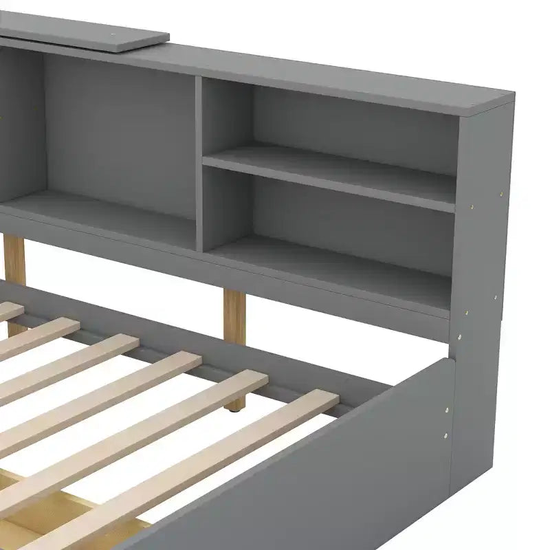 Lit Plateforme Jumeau Bellemave avec Tête de Lit Rangement, Cadre de Lit Plateforme en Bois avec Étagères et 2 Tiroirs pour Chambre, Gris