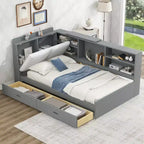 Lit Plateforme Jumeau Bellemave avec Tête de Lit Rangement, Cadre de Lit Plateforme en Bois avec Étagères et 2 Tiroirs pour Chambre, Gris