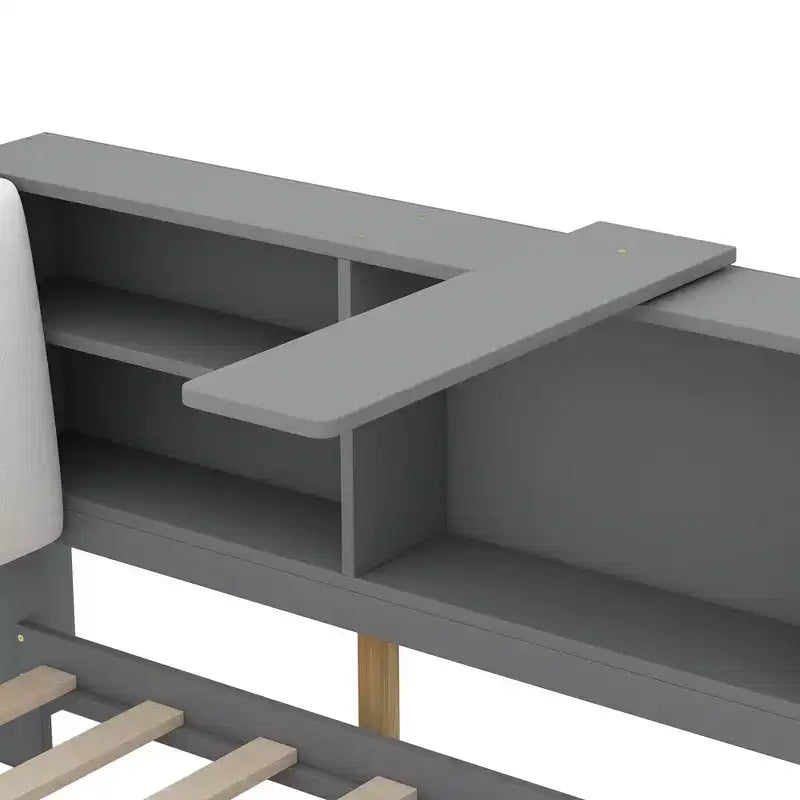 Lit Plateforme Jumeau Bellemave avec Tête de Lit Rangement, Cadre de Lit Plateforme en Bois avec Étagères et 2 Tiroirs pour Chambre, Gris