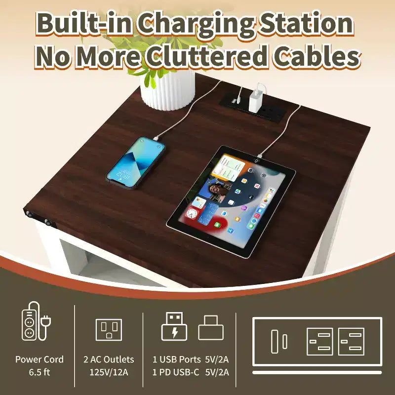 Table de chevet de ferme Dyonery 18 avec station de recharge, table d'appoint avec 2 tiroirs, table d'appoint pour salon, blanche
