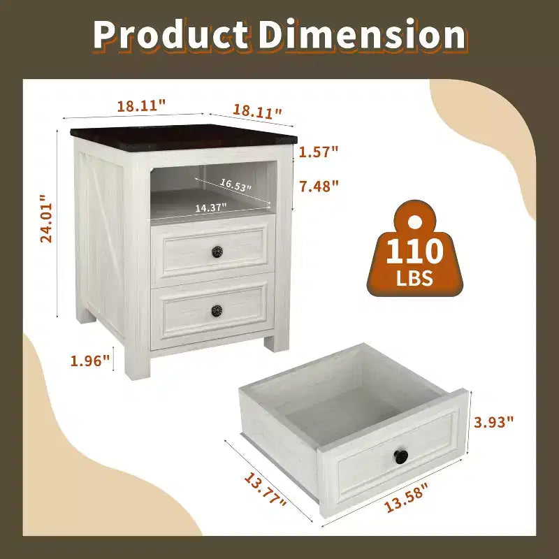 Table de chevet de ferme Dyonery 18 avec station de recharge, table d'appoint avec 2 tiroirs, table d'appoint pour salon, blanche