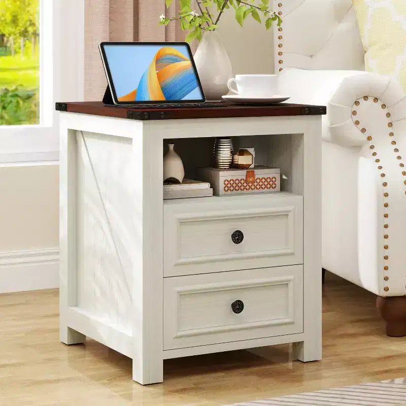 Table de chevet de ferme Dyonery 18 avec station de recharge, table d'appoint avec 2 tiroirs, table d'appoint pour salon, blanche