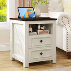 Table de chevet de ferme Dyonery 18 avec station de recharge, table d'appoint avec 2 tiroirs, table d'appoint pour salon, blanche