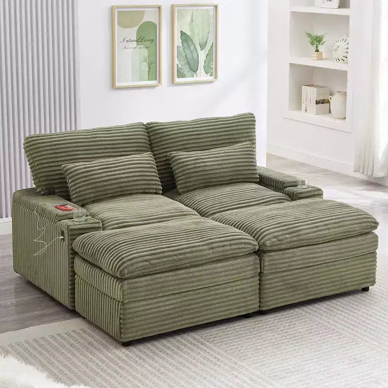 EHMKNP Modern 70.9 Sectional Loveseat Sofa with Storage, Ottomans, 4 Ports & 2 Cup Holders