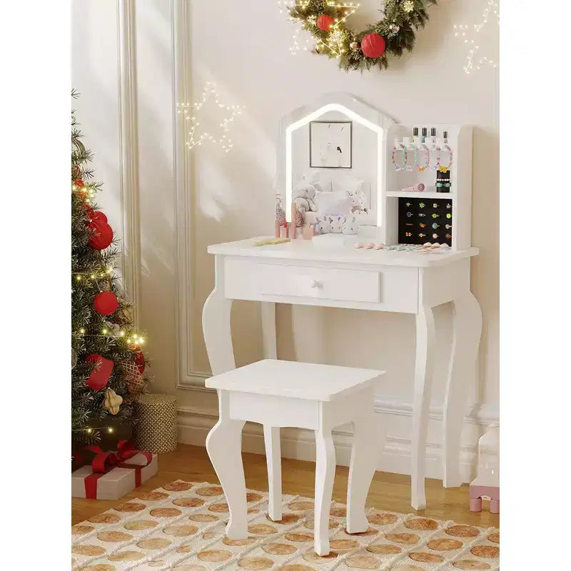 Coiffeuse Enfant avec Miroir, Ensemble Table et Chaise de Coiffeuse pour Tout-Petits, Kit de Maquillage pour Filles, Cadeau pour Enfants
