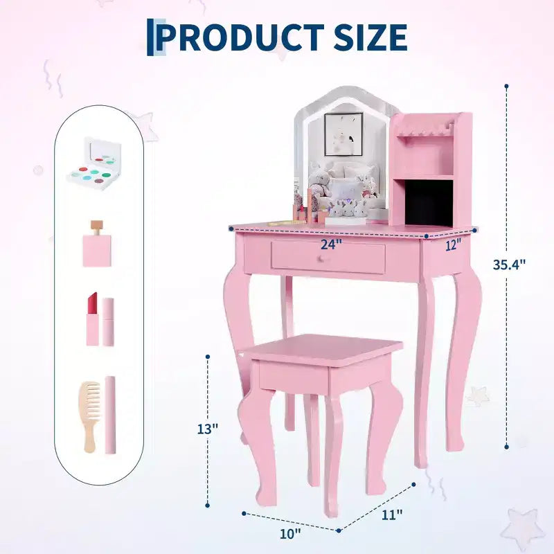 Coiffeuse Enfant avec Miroir, Ensemble Table et Chaise de Coiffeuse pour Tout-Petits, Kit de Maquillage pour Filles, Cadeau pour Enfants