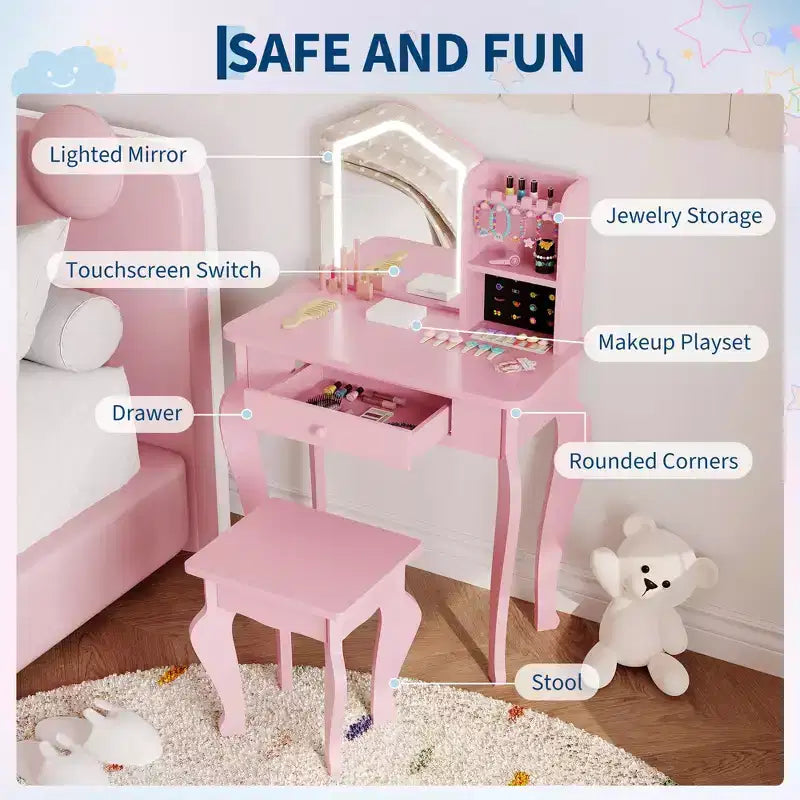 Coiffeuse Enfant avec Miroir, Ensemble Table et Chaise de Coiffeuse pour Tout-Petits, Kit de Maquillage pour Filles, Cadeau pour Enfants