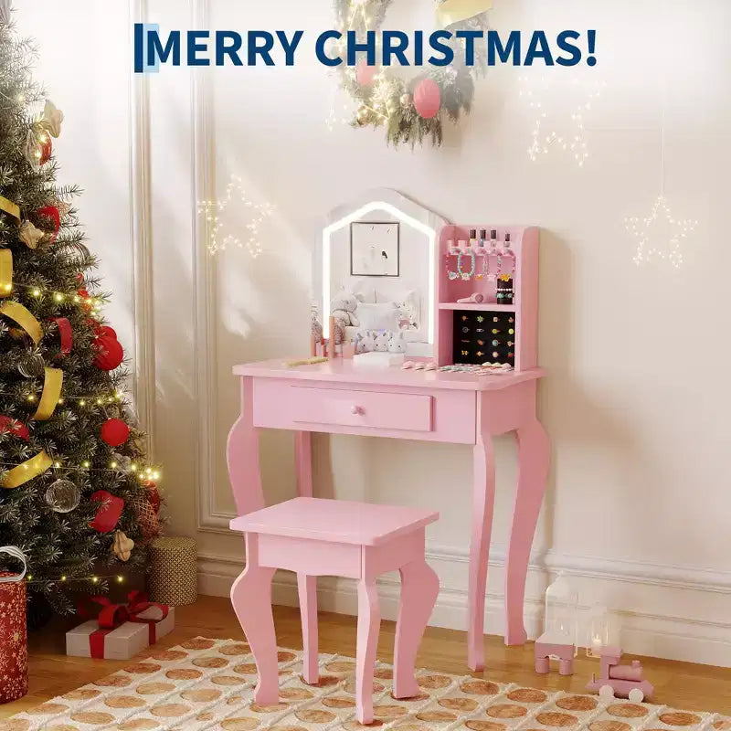 Coiffeuse Enfant avec Miroir, Ensemble Table et Chaise de Coiffeuse pour Tout-Petits, Kit de Maquillage pour Filles, Cadeau pour Enfants