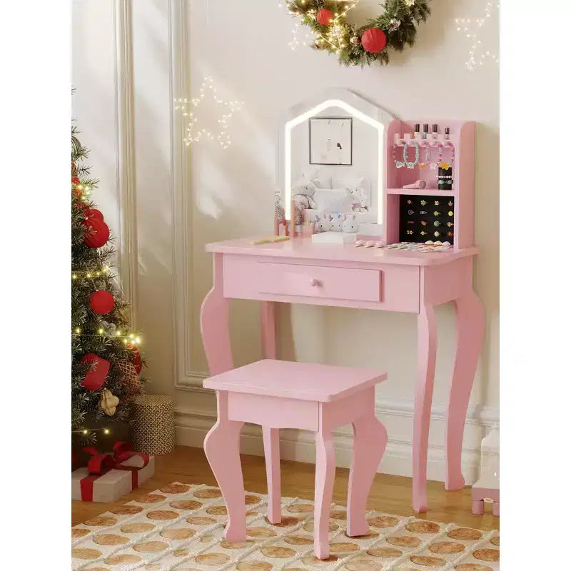 Coiffeuse Enfant avec Miroir, Ensemble Table et Chaise de Coiffeuse pour Tout-Petits, Kit de Maquillage pour Filles, Cadeau pour Enfants
