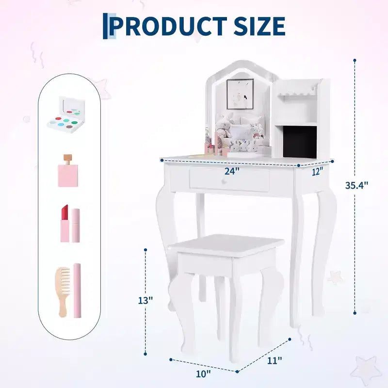 Coiffeuse Enfant avec Miroir, Ensemble Table et Chaise de Coiffeuse pour Tout-Petits, Kit de Maquillage pour Filles, Cadeau pour Enfants