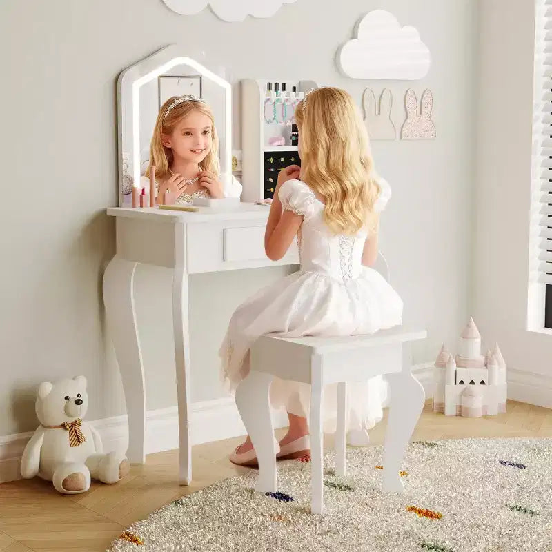 Coiffeuse Enfant avec Miroir, Ensemble Table et Chaise de Coiffeuse pour Tout-Petits, Kit de Maquillage pour Filles, Cadeau pour Enfants