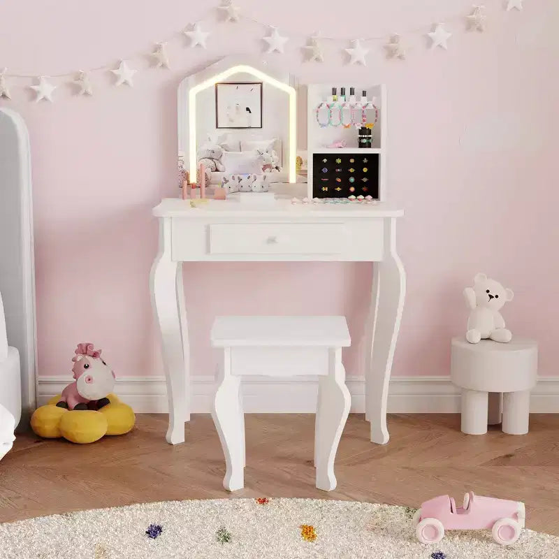 Coiffeuse Enfant avec Miroir, Ensemble Table et Chaise de Coiffeuse pour Tout-Petits, Kit de Maquillage pour Filles, Cadeau pour Enfants