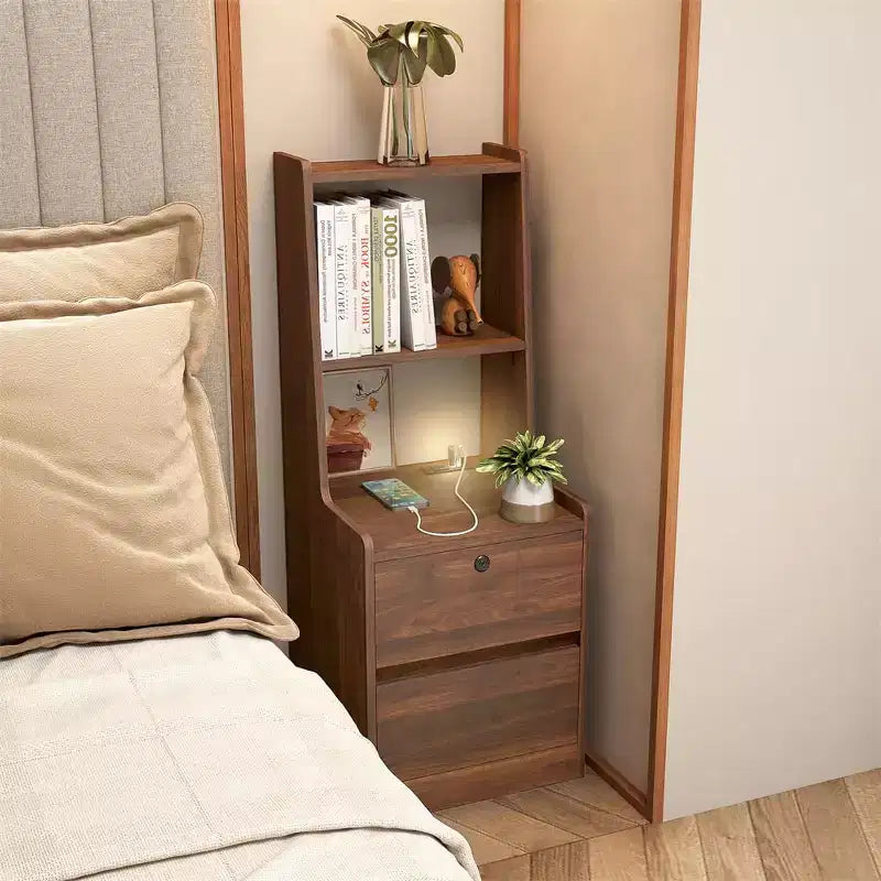 Tall Nightstand with Charging Station & Night Light, Voice Control, Wooden Large Bedside Tables with Storage Cabinet and Bookshelf