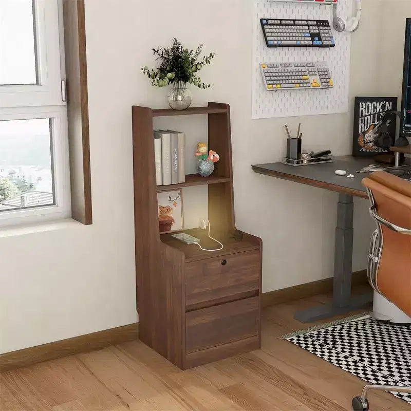 Tall Nightstand with Charging Station & Night Light, Voice Control, Wooden Large Bedside Tables with Storage Cabinet and Bookshelf