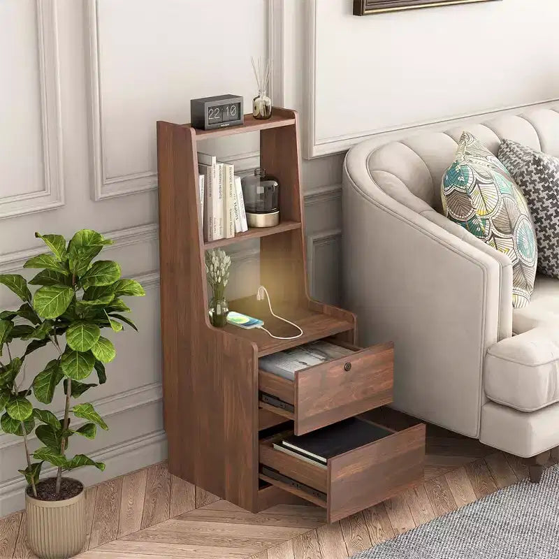 Tall Nightstand with Charging Station & Night Light, Voice Control, Wooden Large Bedside Tables with Storage Cabinet and Bookshelf