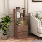 Tall Nightstand with Charging Station & Night Light, Voice Control, Wooden Large Bedside Tables with Storage Cabinet and Bookshelf
