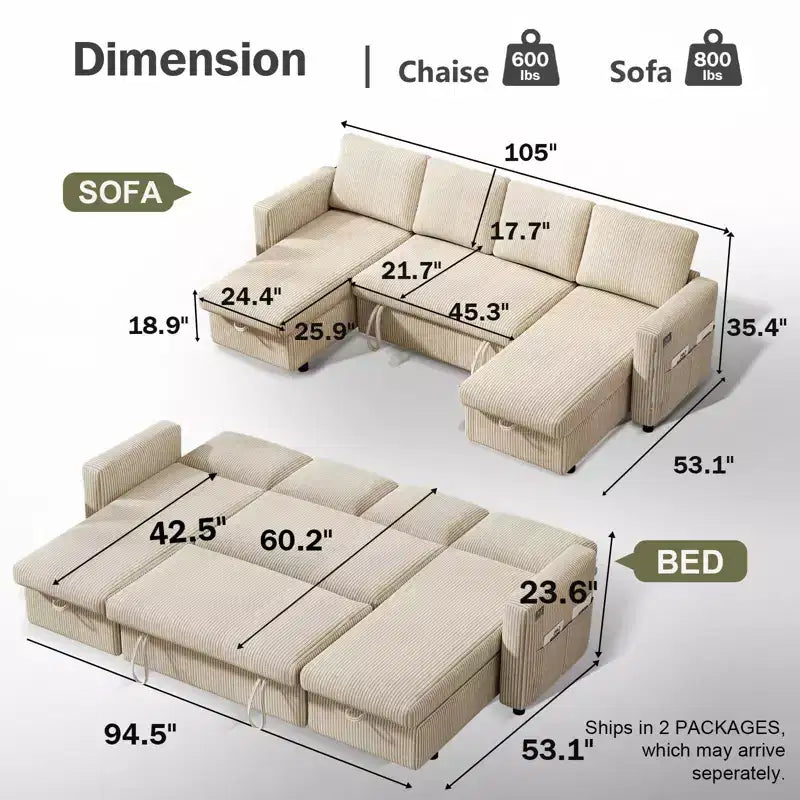 Dyonery Canapé-lit escamotable 4 places de 266 cm avec espace de rangement et poches latérales, dossier réglable, convertible, en velours côtelé