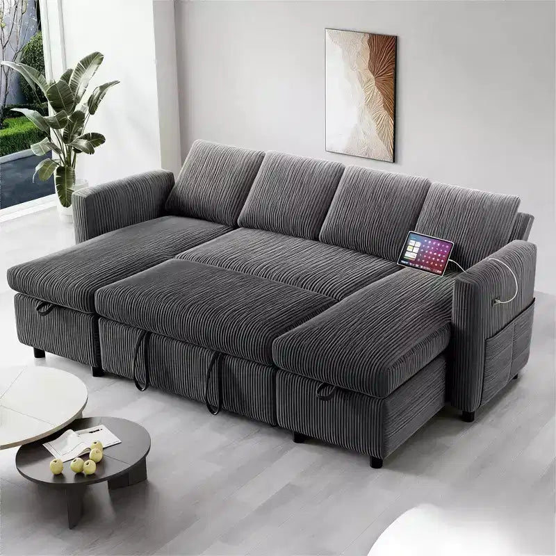 Dyonery Canapé-lit escamotable 4 places de 266 cm avec espace de rangement et poches latérales, dossier réglable, convertible, en velours côtelé