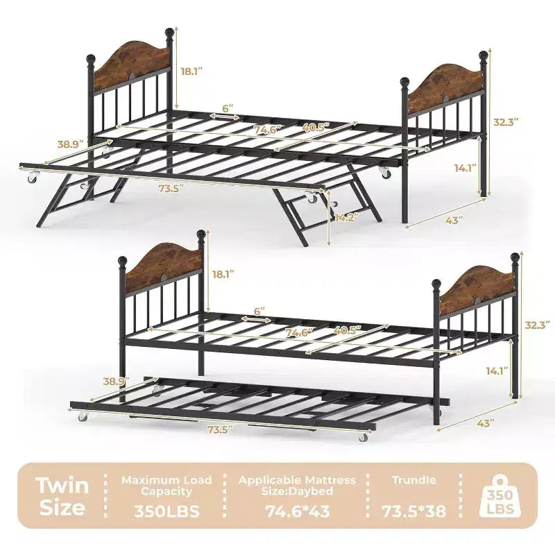 Lit de repos jumeau avec lit gigogne, cadre de lit pliable en métal robuste, canapé-lit double en métal, cadre de lit en acier robuste, pour la maison