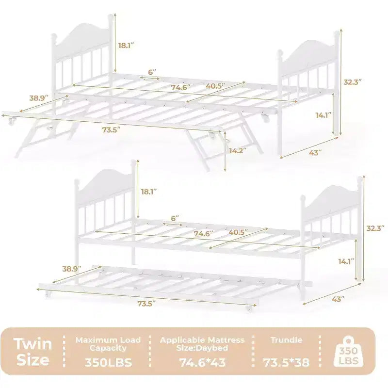 Lit de repos jumeau avec lit gigogne, cadre de lit pliable en métal robuste, canapé-lit double en métal, cadre de lit en acier robuste, pour la maison