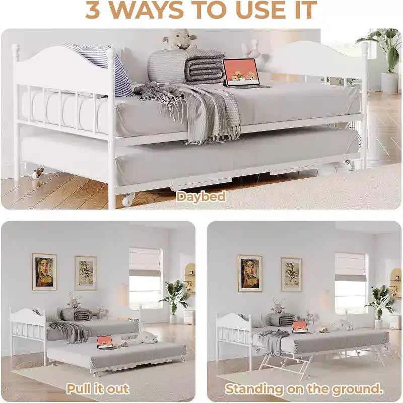 Lit de repos jumeau avec lit gigogne, cadre de lit pliable en métal robuste, canapé-lit double en métal, cadre de lit en acier robuste, pour la maison