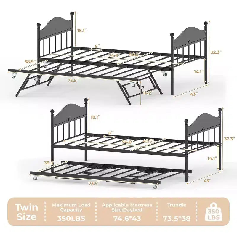 Lit de repos jumeau avec lit gigogne, cadre de lit pliable en métal robuste, canapé-lit double en métal, cadre de lit en acier robuste, pour la maison