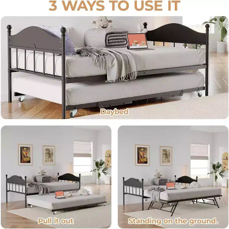 Lit de repos jumeau avec lit gigogne, cadre de lit pliable en métal robuste, canapé-lit double en métal, cadre de lit en acier robuste, pour la maison