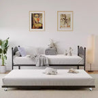 Twin Daybed with Trundle, Sturdy Metal Foldable Bed Frame, Metal Double-Sized Sofa Bed, Heavy-Duty Steel Bed Frame, for Home