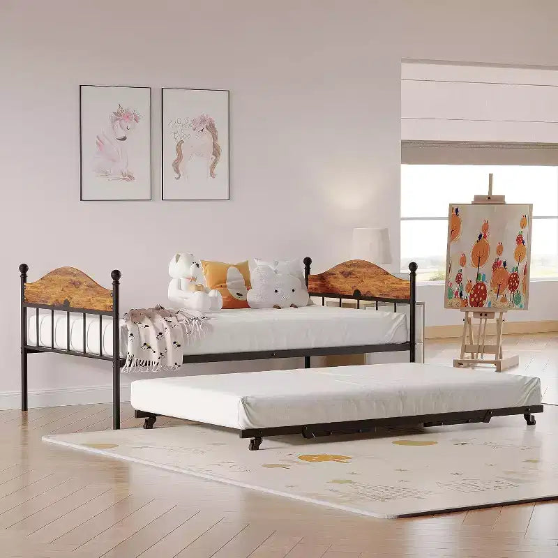 Lit de repos jumeau avec lit gigogne, cadre de lit pliable en métal robuste, canapé-lit double en métal, cadre de lit en acier robuste, pour la maison