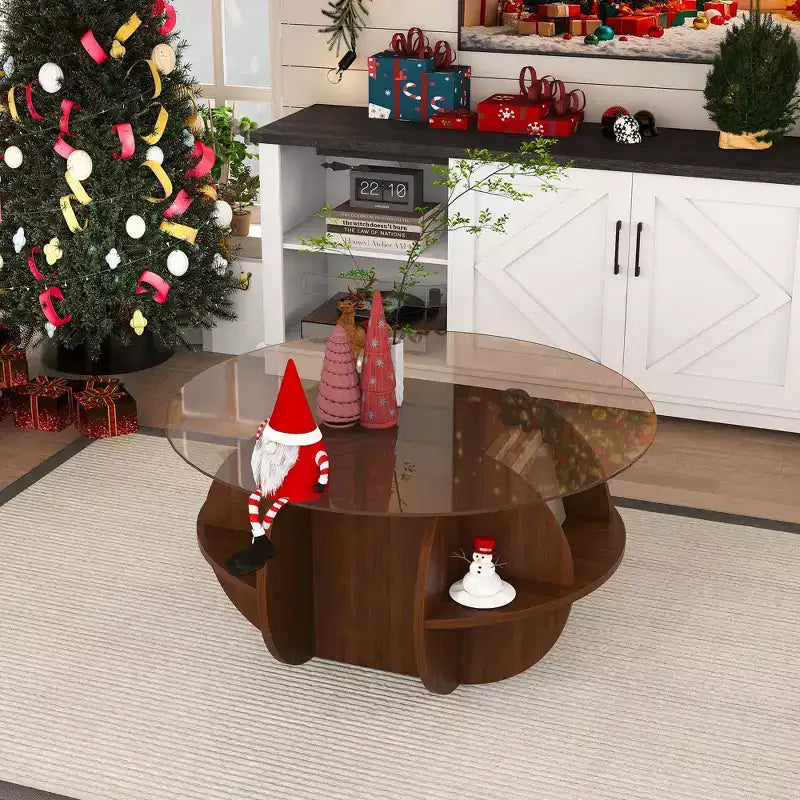 Table basse ronde de rangement en bois GDFStudio Cyra Farmhouse avec plateau en verre trempé et étagères à 4 niveaux