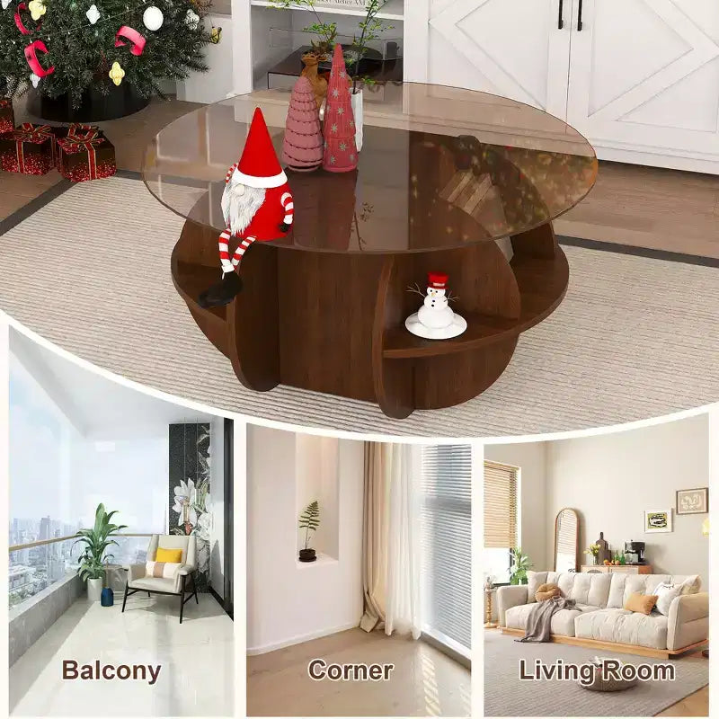 Table basse ronde de rangement en bois GDFStudio Cyra Farmhouse avec plateau en verre trempé et étagères à 4 niveaux