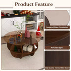 Table basse ronde de rangement en bois GDFStudio Cyra Farmhouse avec plateau en verre trempé et étagères à 4 niveaux