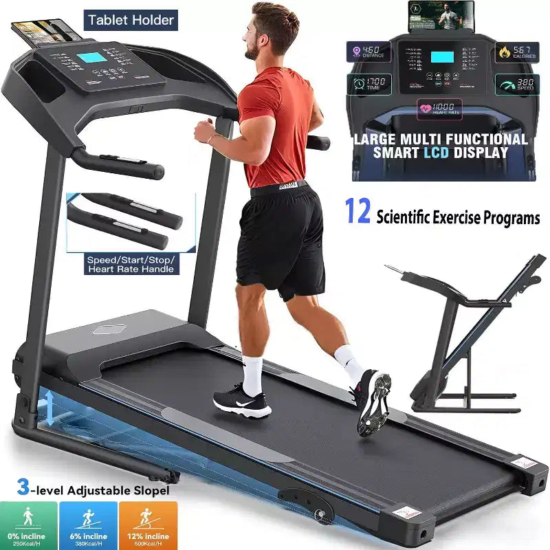 KRISRATE Treadmill with Incline, 3.5HP Smart Portable Folding Treadmill for Home, Running Machine with Smart Fitness Tracking, Silent Shock Absorption