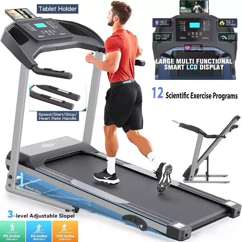 KRISRATE Treadmill with Incline, 3.5HP Smart Portable Folding Treadmill for Home, Running Machine with Smart Fitness Tracking, Silent Shock Absorption
