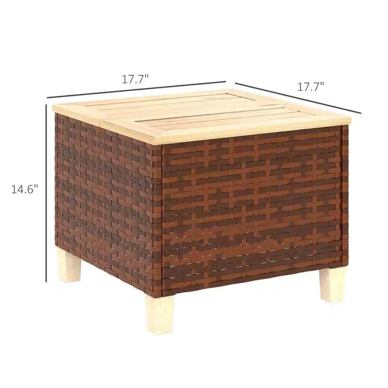 Table d'appoint d'extérieur en rotin PE, table de bout de patio avec plateau et pieds en bois de sapin naturel, table d'appoint résistante aux intempéries pour patio, piscine, véranda